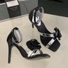 Fashion Fashion Flowers Rhinestones Square Toe Women Gladiator Sandals Sexy Ankle Strap Buckle Thin High Heels Summer Party Prom Shoes