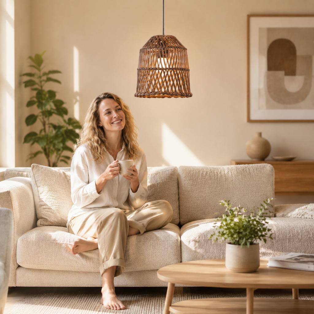 Handwoven Rattan Pendant Lamp Shade Vintage Style Decorative Lighting Fixture Cover for Ceiling Lights Rustic Bohemian Design