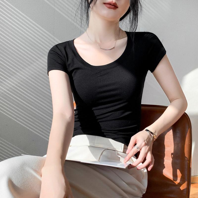 U-neck cotton short-sleeved T-shirt women's summer new solid color slim-fitting and thin shoulder low-neck top