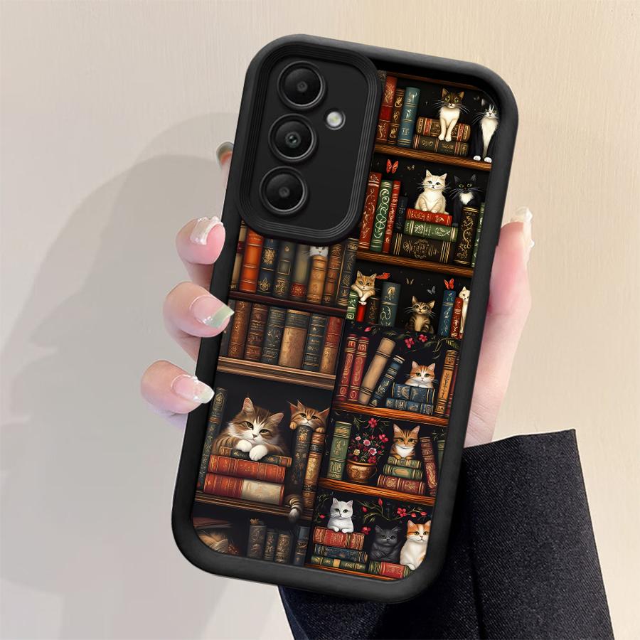 Coque de téléphone pour Samsung Galaxy A16 A34 A12 A14 A32 A23 A26 A56 A15 A51 A73 A53 A54 Coque souple Étagère à livres vintage Chaton