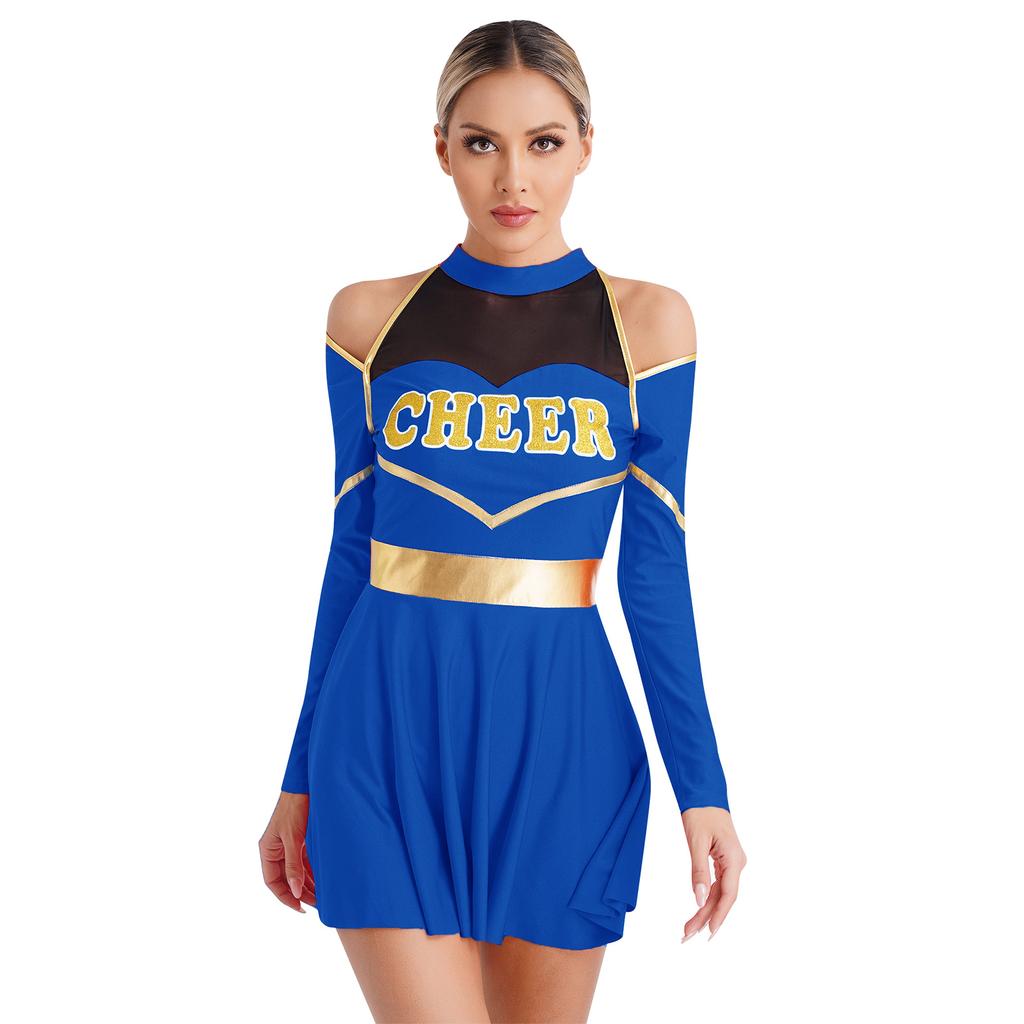 Women Long Sleeve Cold Shoulders Letter Print Dress Cheerleading Costume Uniform Outfit