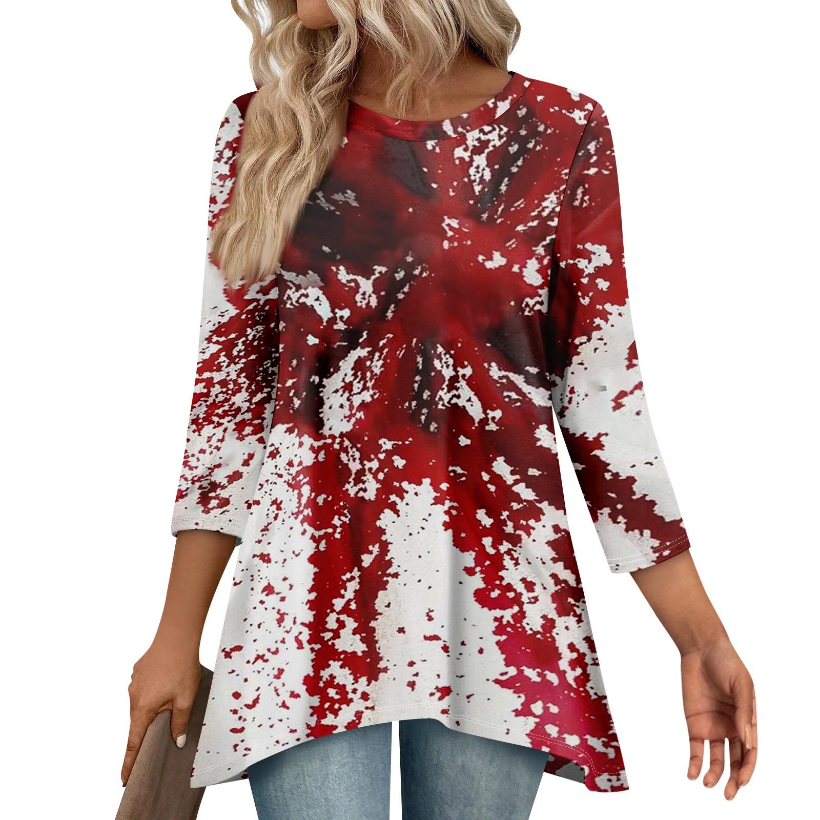 

Tunic Tops For Women Loose Fit Prints Tops 3/4 Length Sleeve Womens Tops With Asymmetrical Hem S винний