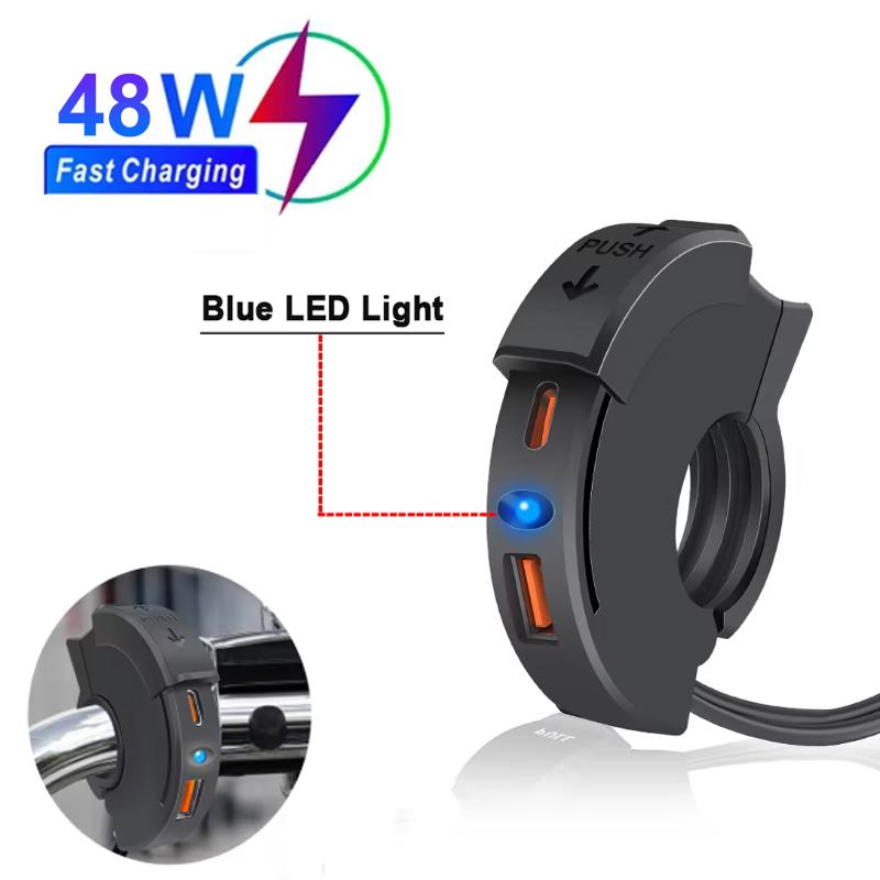 

48 Вт Мотоциклетное USB-зарядное устройство Двойной порт Type-C Быстрая зарядка IP65 Водонепроницаемое