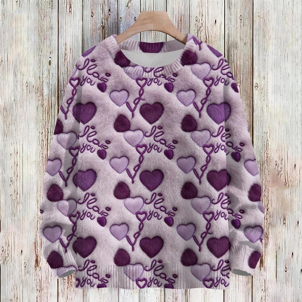 Women's Fashion Casual Long,Sleeve Valentine's Day Round,Neck Knit Pullover Top