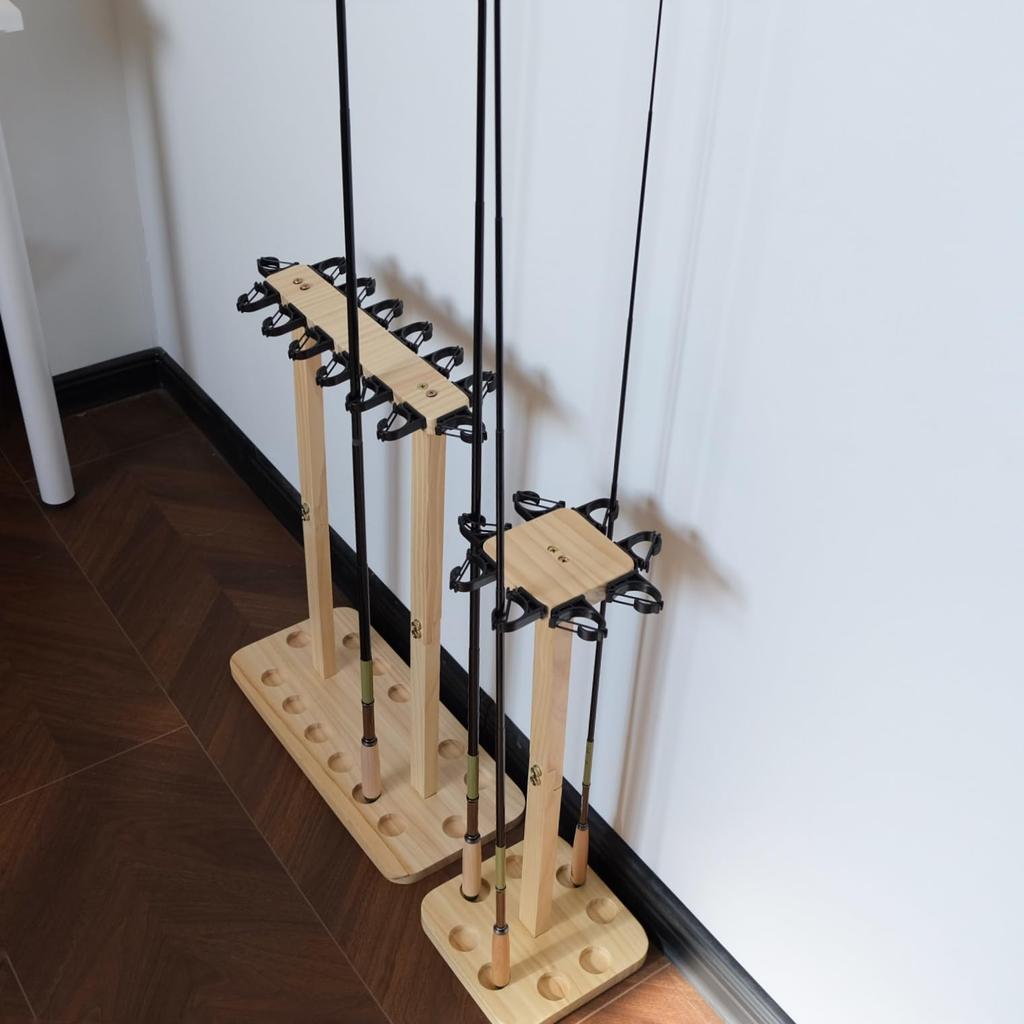 FINNECT Wooden Rod Stand, 8-Piece Set, Assembled, Natural Wood, Holds 8 Rods, Fishing Tackle Storage, Easy to Use, Walnut Color