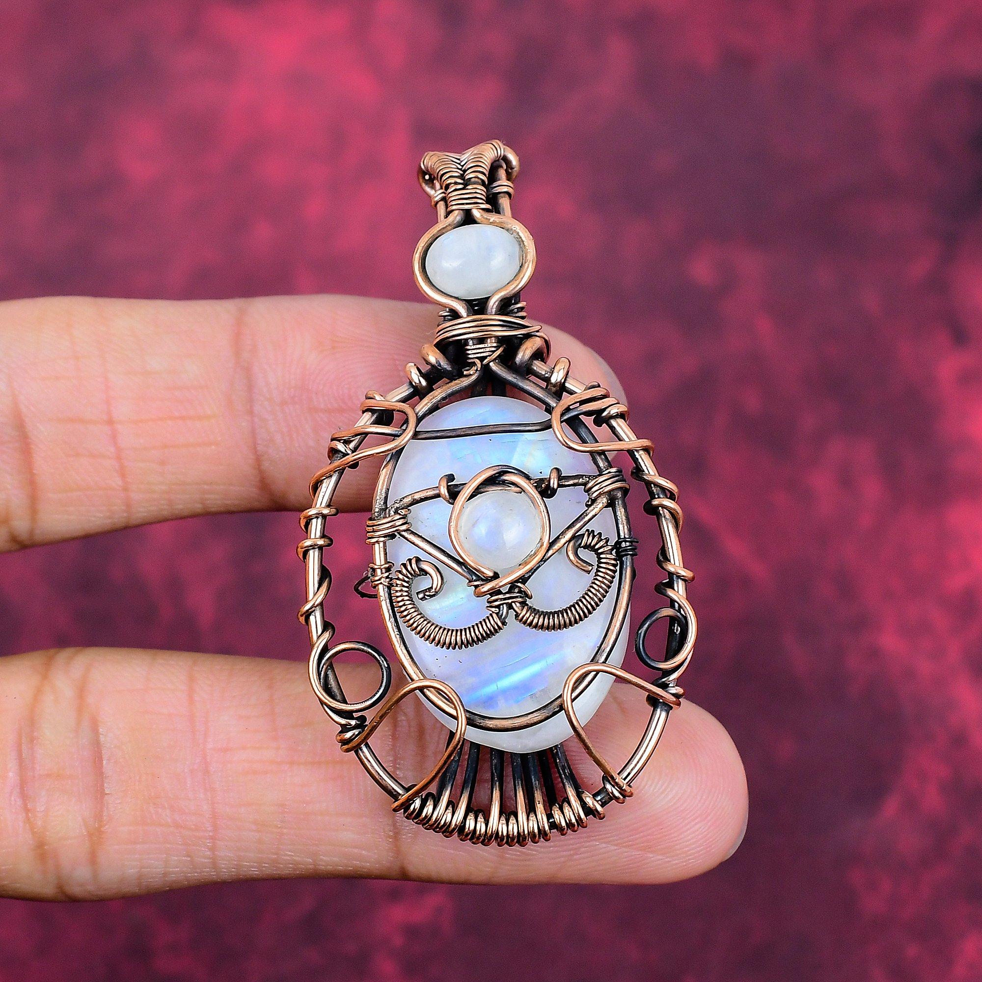 Evil Eye Rainbow Moonstone Pendant Copper Wire Wrapped Jewelry Gemstone Pendant