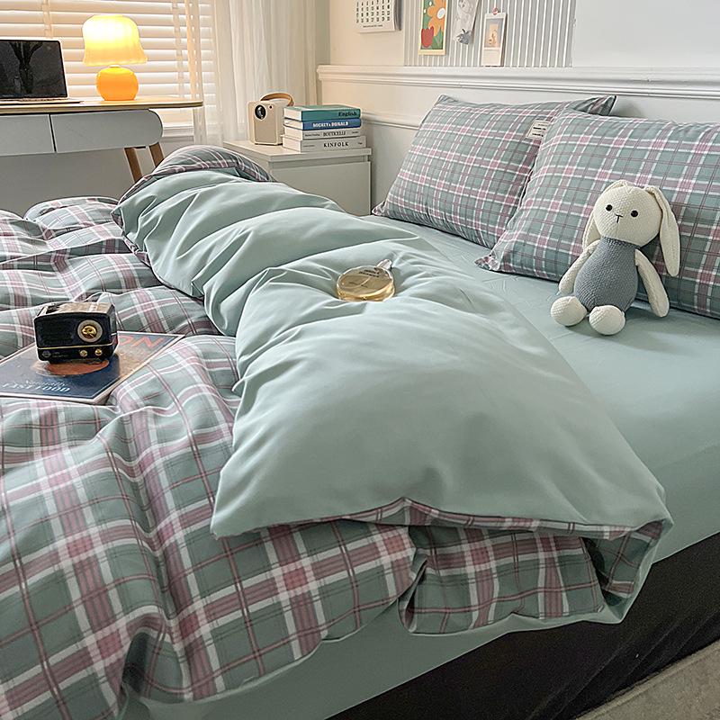 Muji Style Plaid Peach Fuzz Cotton Bedding Set: Skin-friendly Bed Sheet, Fitted Sheet, Duvet Cover - 3 or 4 Piece Options for Dorm.