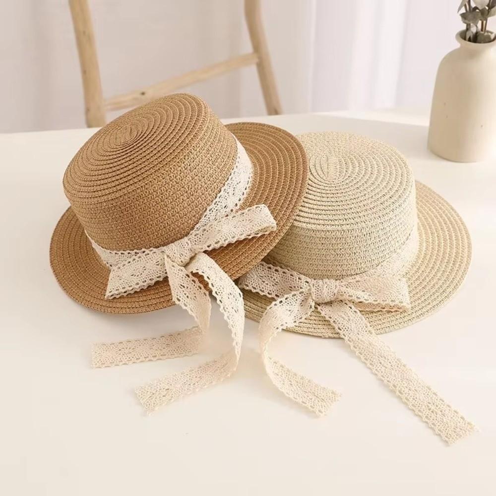 Simple Lace Bow Straw Hat Breathable UV Protection Sun Visor Cap Foldable Children Panama Caps for Girls