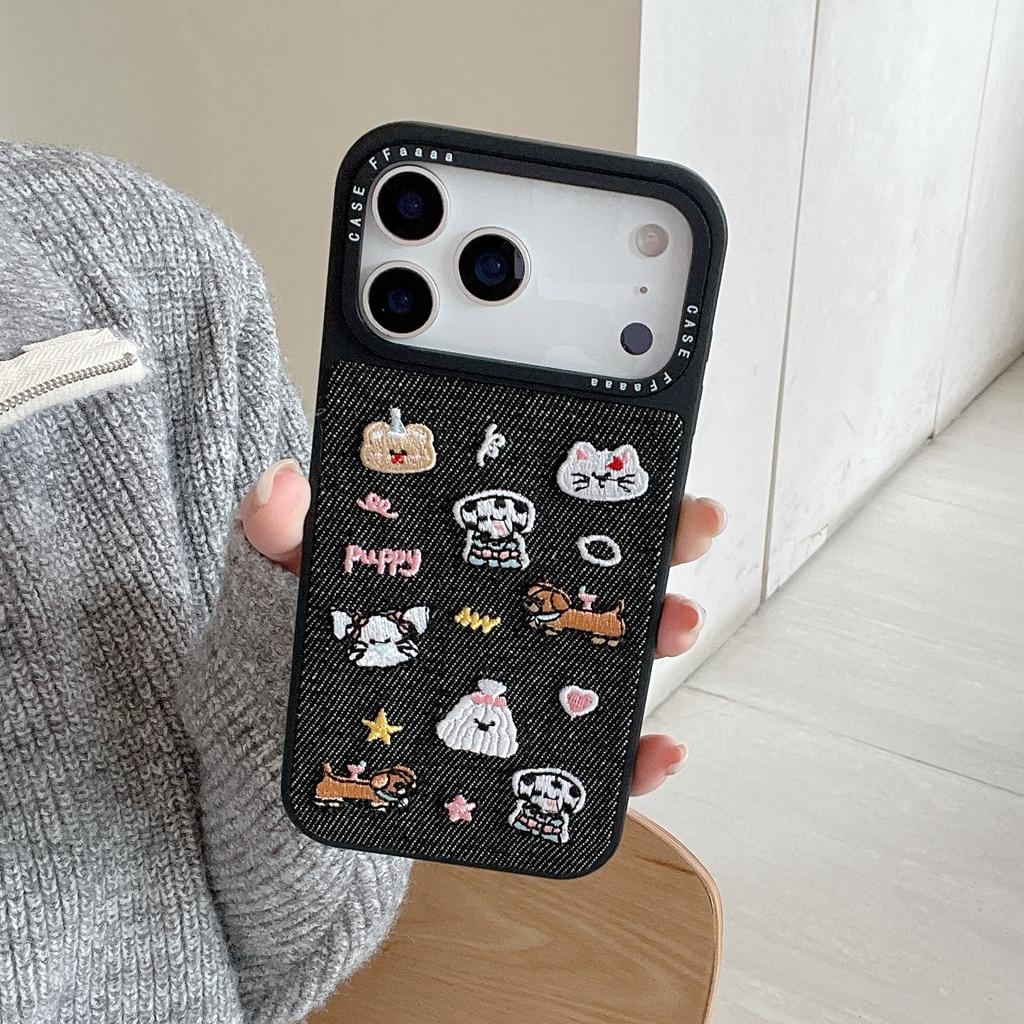 Fashion Denim Embroidery Cute Puppy Small Animal Shockproof Protective Phone Cover Case for iPhone 17 16 15 14 Pro Max