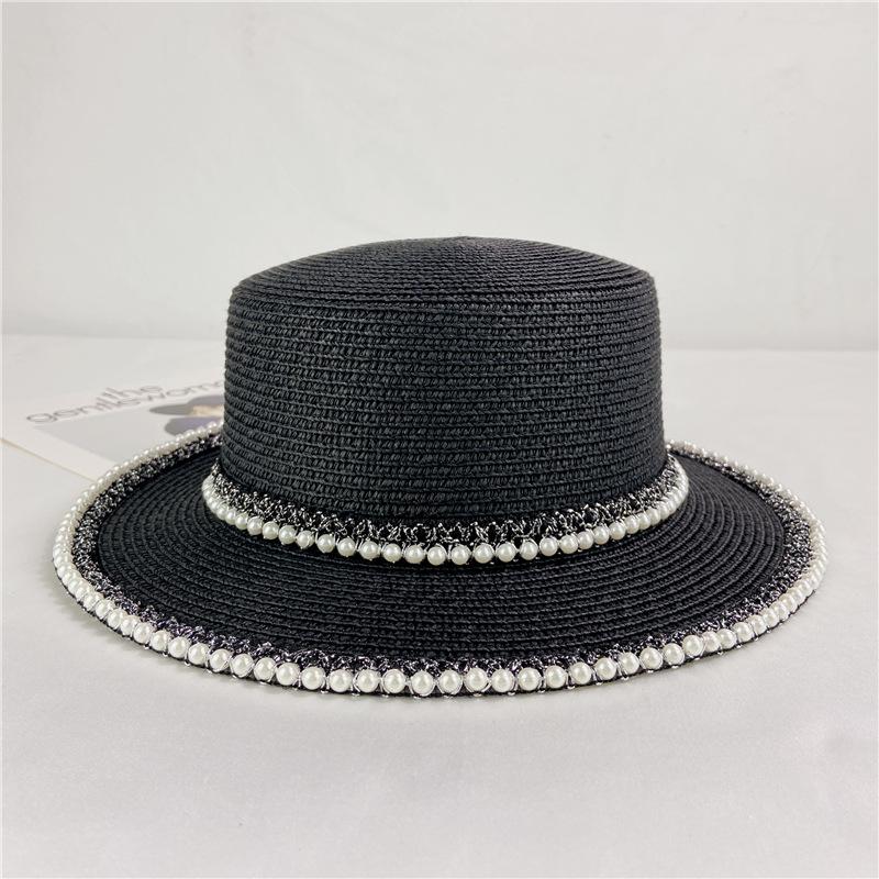 French Retro Pearl Lace Flat Top Straw Hat Women's Tide Summer Outing Seaside Sun Hat Beach Hat