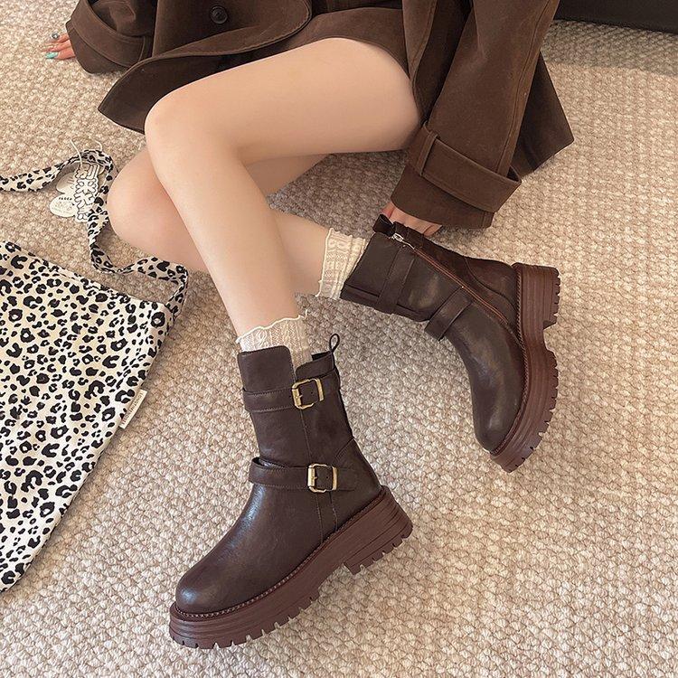 British Style Retro Round Head Thick-soled Martin Boots for Women 2025 Autumn and Winter New Thick Heel Short Boots Belt Buckle Boots for Women