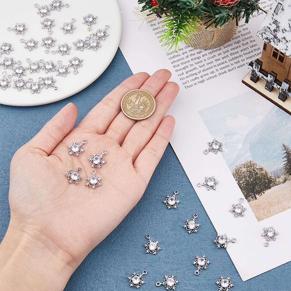 40Pcs Alloy Cubic Zirconia Pendants Snowflake Platinum 17x12x3.5mm Hole: 1.5mm