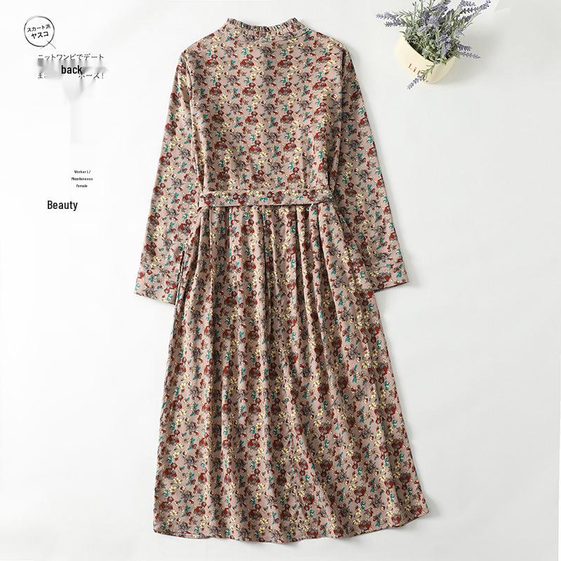2026 Spring Retro Floral Midi Dress with Ruffle Collar and Tie Waist