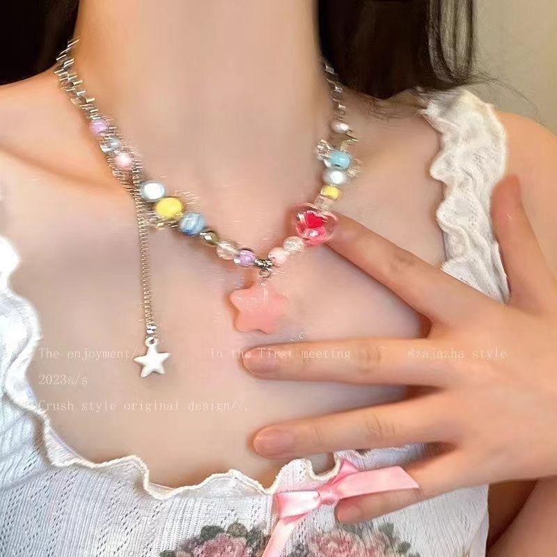 Summer five colored beaded love candy necklace design sweet dopamine accessories sweet cool babes collarbone chain