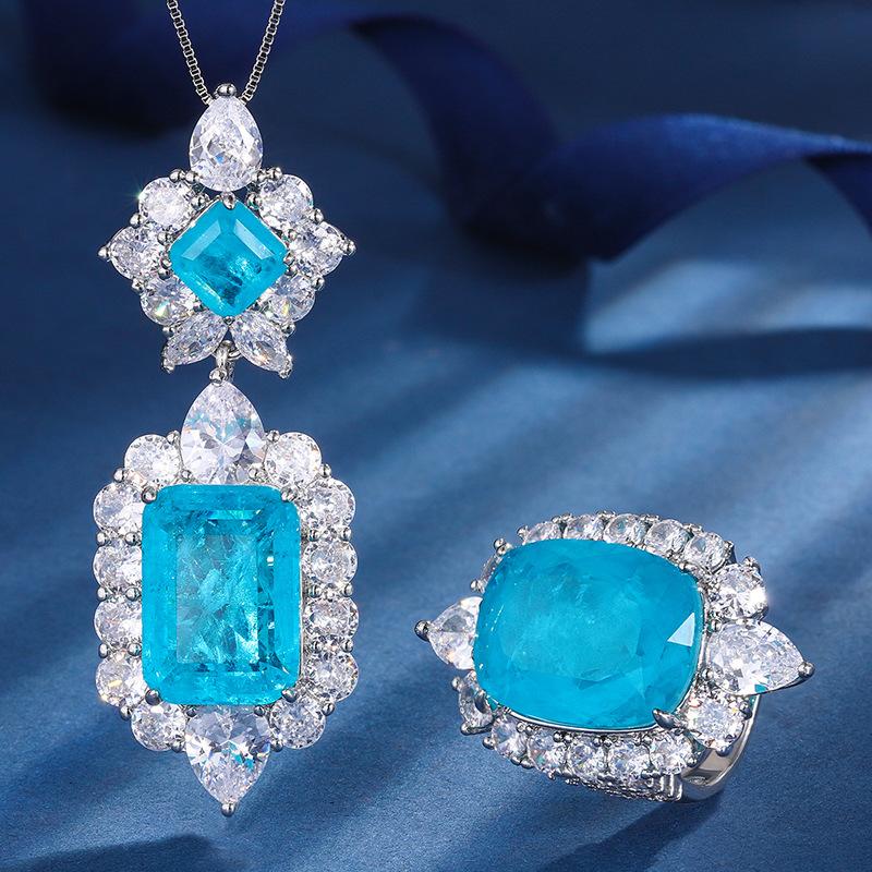 Jewelry Copper Bottom Gold-Plated Simulation Paraiba Retro Set Pendant 13 * 18 Ring 15 * 20