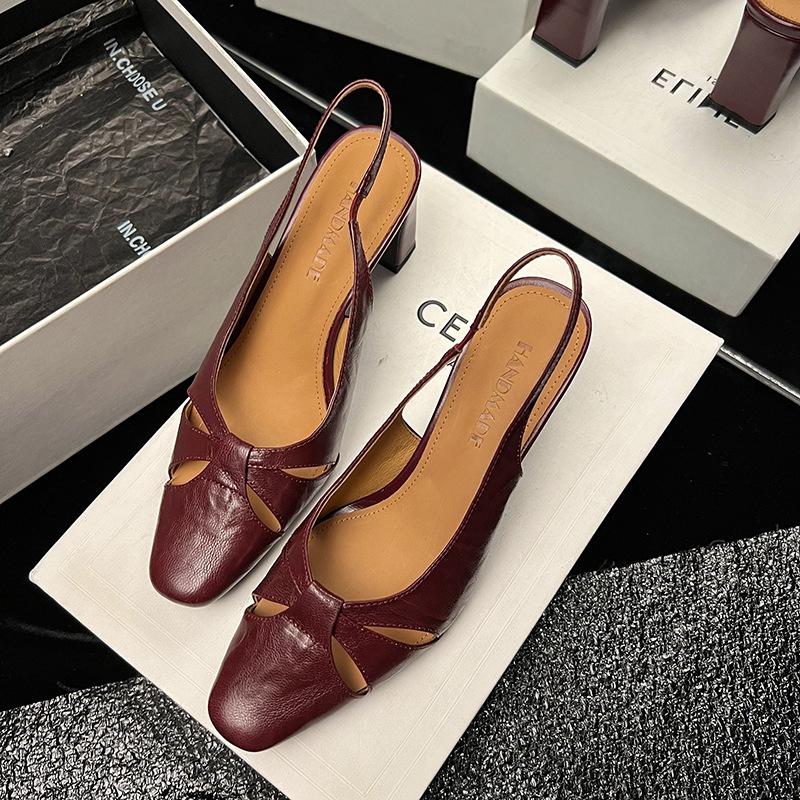 

Size refundable breathable full leather 2025 summer low heel pointed head hollow cowhide bag head empty sandals women 40 бордовый