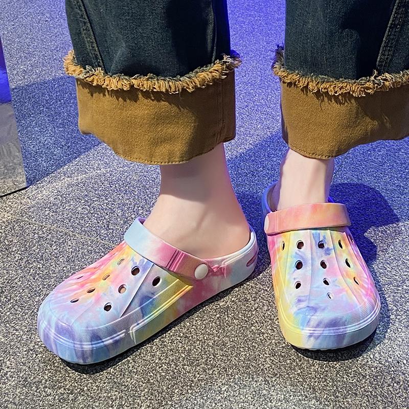 Summer Men's & Women's Sandals Tie-Dye Pattern Clogs Slip On Lightweight Two-Way Wear Garden Clogs Non-Slip Beach Slides