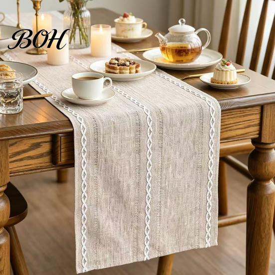 Nordic Table Runner Cotton Linen for Dining Table, Minimalist Long Desk Geometric Line Kitchen Coffee Tea Natural Rustic Home Decor