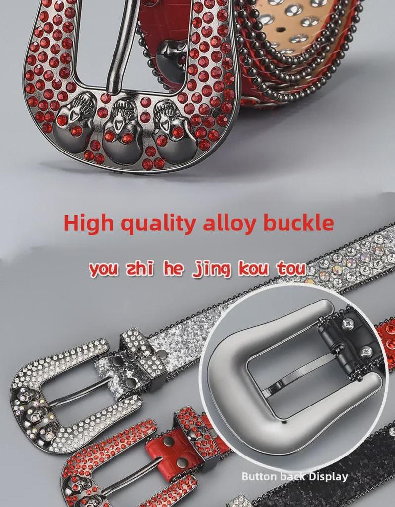 Curea de lux cu cataramă cu strasuri și craniu închis la culoare, cu paiete și diamante