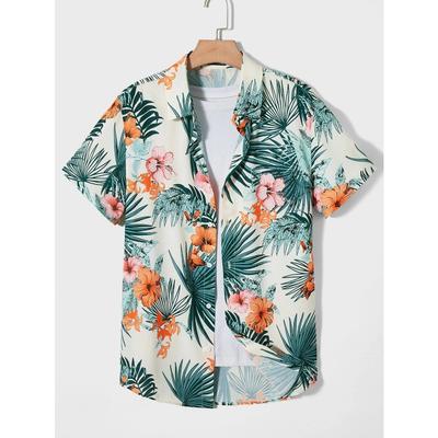 Hawaiian Botanical Flower Print Men's and Women's Short Sleeve Lapel Seaside Button-Down Shirt Top Casual Fashionable Shirts
