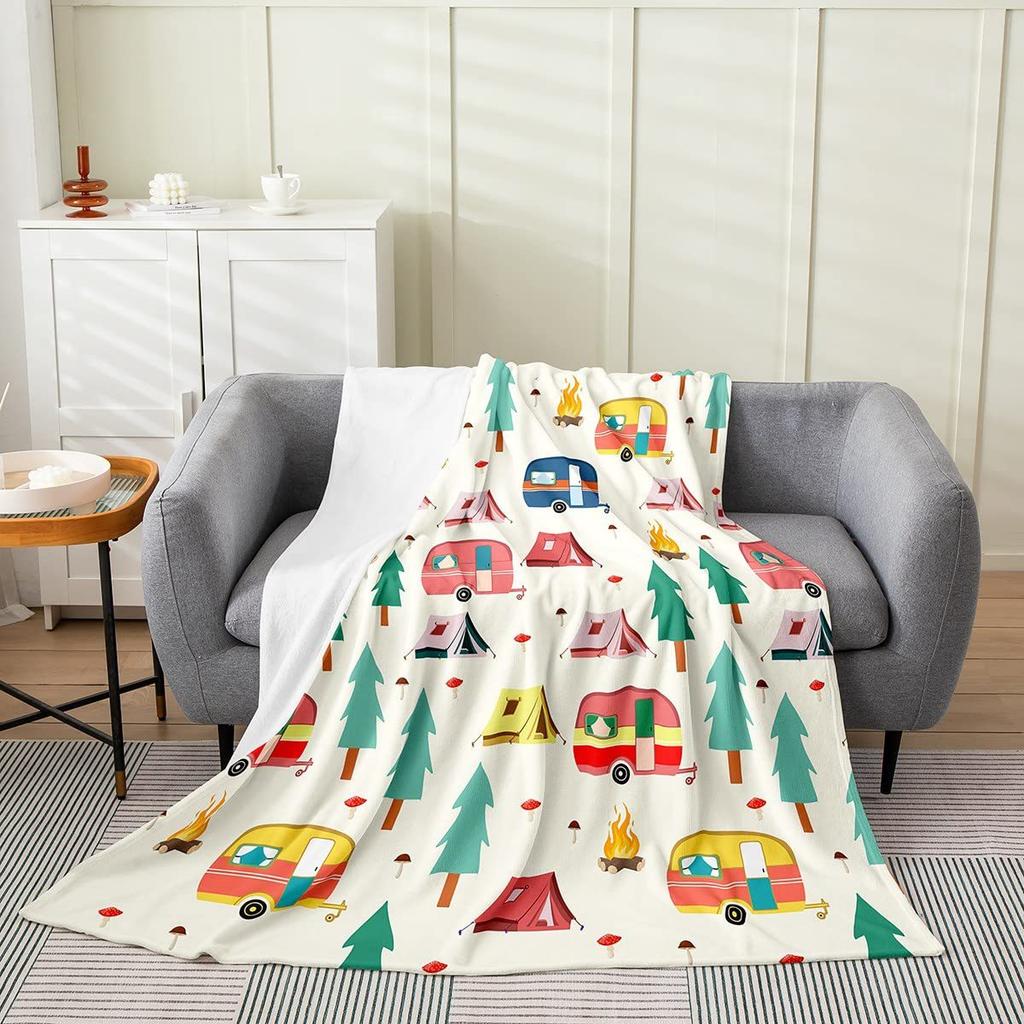 Cute Campervan Campfire Blanket Cartoon Food Digital Printed Flannel Blanket Rv Decorative Blanket
