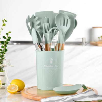 13 pezzi di utensili da cucina in silicone con manico in legno con secchio portaoggetti resistente alle alte temperature e antiaderente pentola spatola cucchiaio