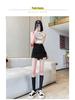 2024 Summer Black Irregular High Waist A-line Skirt with Slimming Ruched Design for Women