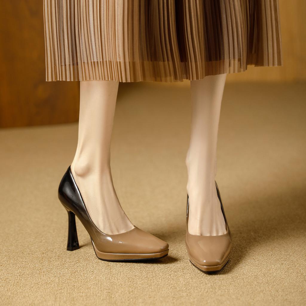 European and American banquet waterproof table high heels 2026 spring and autumn patent leather color matching square head thin heel light mouth