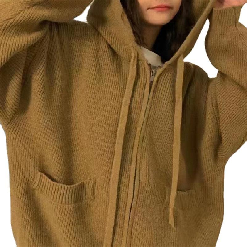 Spring and Autumn New Lazy Wind Zipper Hooded Knitted Cardigan Top Women's Loose Versatile Skinny Sweater Jacket