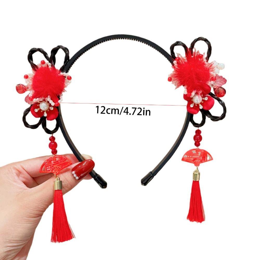 Flower Children Wig Headband Tassel Tang Suit Hair Hoop Chinese New Year Headwear Girl Hair Accessories Red Bow Hairband Girls