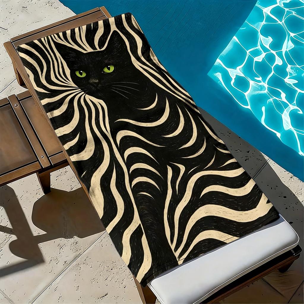 Black cat and abstract stripe pattern polyester microfiber beach towel is highly absorbent, suitable swimming and beach outings