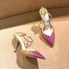 Fashion Gradient Pink Toe, Thin Heel Sandals, Women'S Full Diamond, Two-Tone, European And American Style, Mid-Back Hollow, Strappy High