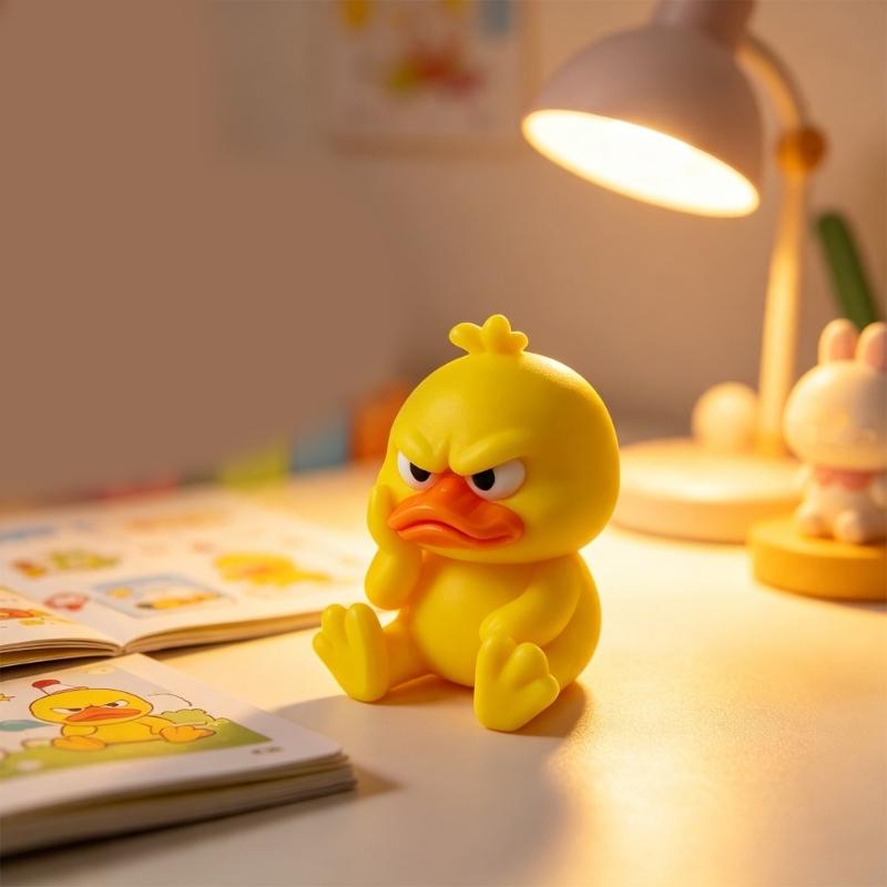 Cartoon Angry Duck Figurine Set, 4 Piece 3D Printed Yellow Duck Figures for Desktop Placement, Display Shelf Accent, and Office Shelf Use, Collectible