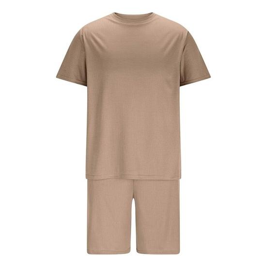 2Pcs/Set Men Sports Suit O-Neck Short Sleeve T-shirt Elastic Waist Wide Leg Shorts Set Solid Color Waffle Fabric Sportswear