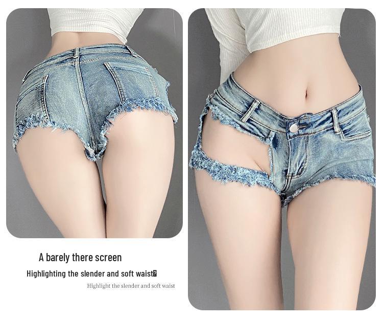 Ripped Denim Open-Crotch Shorts - Sexy Low-Waist Lingerie for Nightclub Temptation