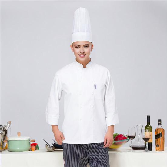Unisex-Kochuniform mit Brusttasche, Stehkragen, langärmelig, zweireihig, Kochhemd