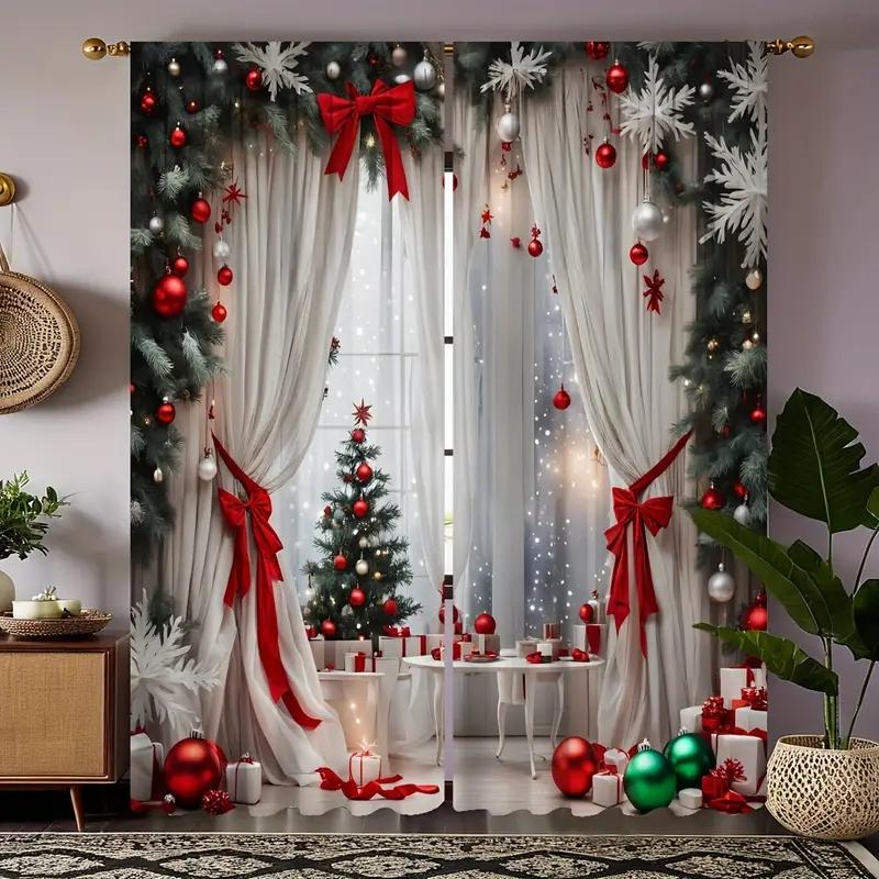 2pcs,Christmas Snowman,Red Cow Checkered Pattern With Rod Pocket Mount Digital Printed Curtains For Bedroom Living Room Kitchen