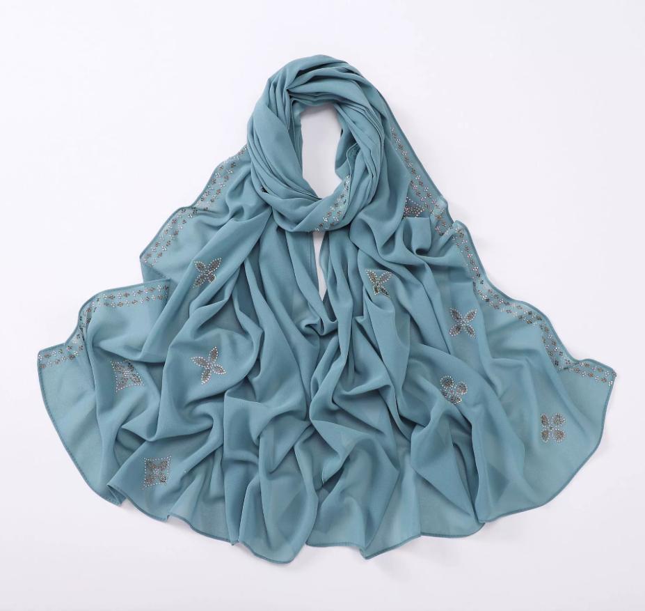 New Chiffon Hijab With Rhinestones Diamonds Scarf Shawls Solid Headscarf Wraps Ramadan Eid Hijabs Glitter Headband Turban