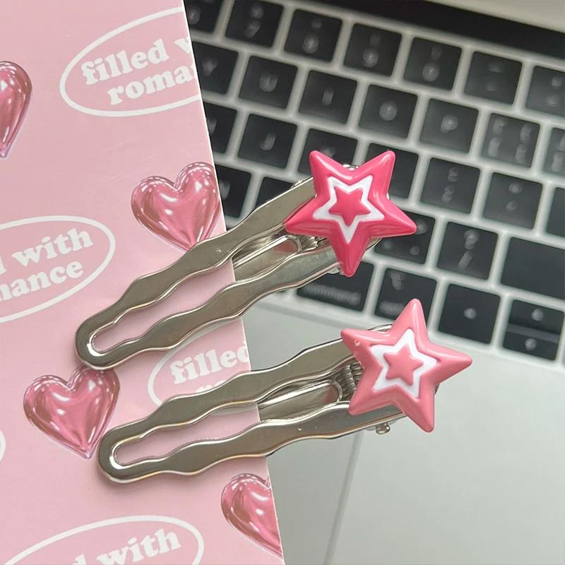 Nowa koreańska różowa spinka do włosów w gwiazdki dla kobiet Y2K słodka fala metalowa spinka wsuwka dziewczyna urocze akrylowe akcesoria do włosów