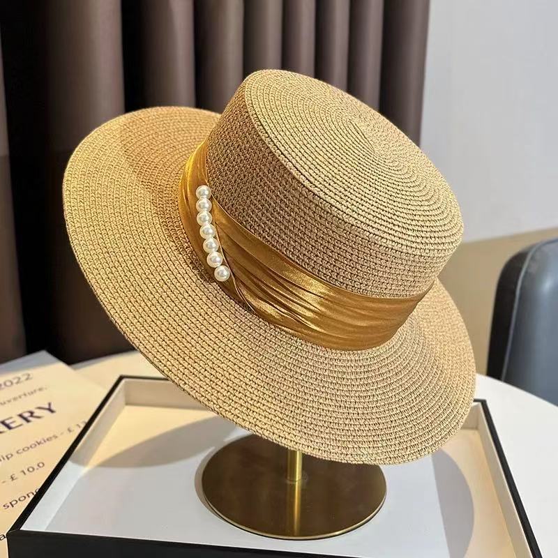 Meimeier Women's new summer retro french pearl straw hat - perfect for beach trips, flat top socialite style