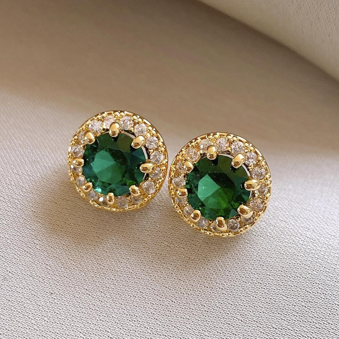 18K real gold electroplated zircon round stud earrings simple earrings earrings design sense