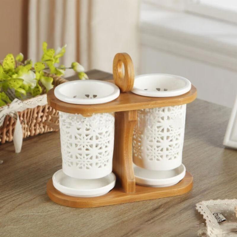 Qianxing Ceramic Double Chopstick Holder with Bamboo Stand