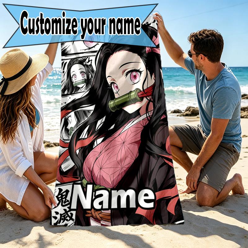 Personalisierbares Strandtuch mit Demon Slayer Aufdruck und individuellem Namen, für Reise, Camping, Strandparty, Heimdekoration, Geburtstagsgeschenk für Familie & Freunde