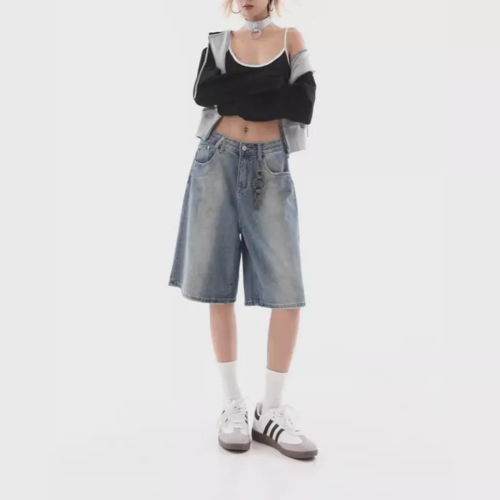 Women's Retro Gradient Wide-Leg Jeans - Loose Fit, Summer Casual, Five-Point Style