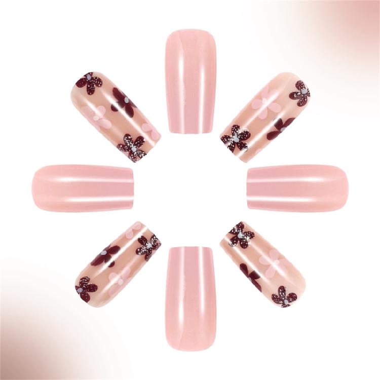 24x Sweet Full Cover False Nail Flower Press On Nail Medium Square Stick on Nail Acrylic Nail for Valentines Day