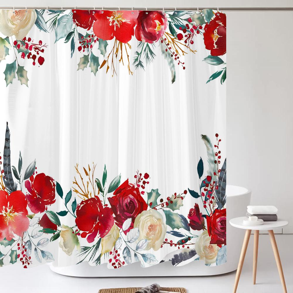 Flowers Shower Curtain Watercolor Flower Bath Curtain Print Polyester Fabric Waterproof Bathroom Curtains with Hooks Bath Screen