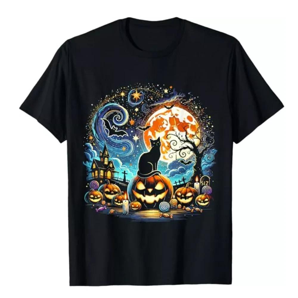 100% Cotton TOPS UNISEX TEES MENS WOMENS Van Gogh Starry Night Halloween 2024 Black Cat Pumpkins Bats Unisex T-Shirt