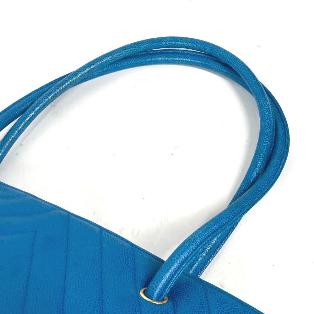 CHANEL vintage V-Stitch Tote Bag Shoulder Bag Hand Bag Caviar Leather blue/Gold