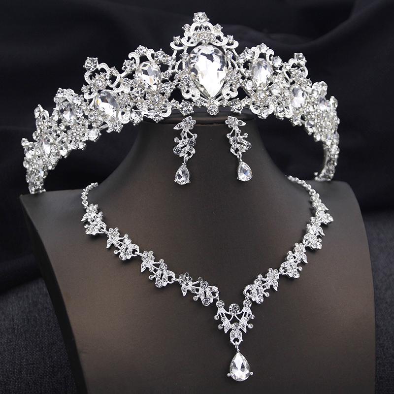 

Свадебные наборы украшений из 3 предметов: свадебная корона, ожерелье и серьги. Роскошные тиары и набор ожерелья и серег. Аксессуары для костюма на вечеринку, выпускной, для платья невесты.