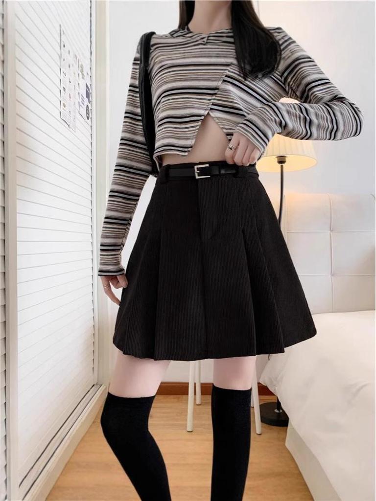 Korean Style A-Line High Waist Pleated Corduroy Skirt - Short, Anti-Exposure, 2024 Autumn/Winter Collection (No Belt)